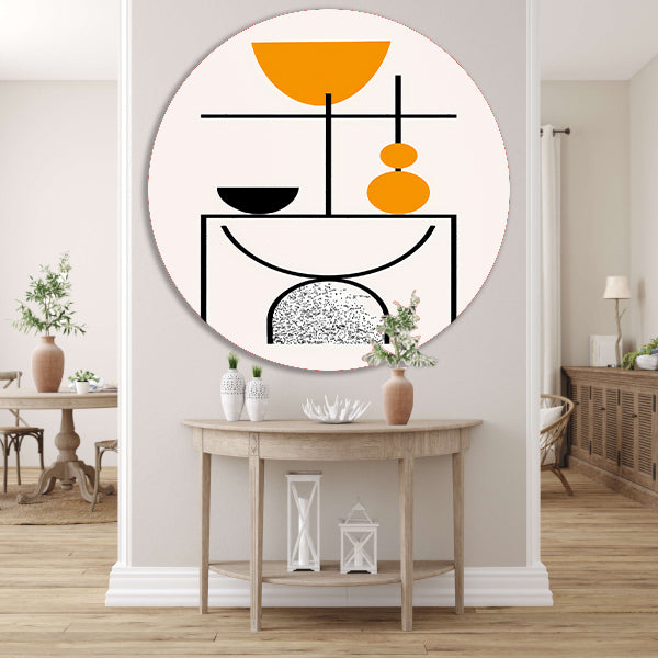 Abstracte Kunst: Zwart, Wit en Oranje Vormen aluminium muurcirkel