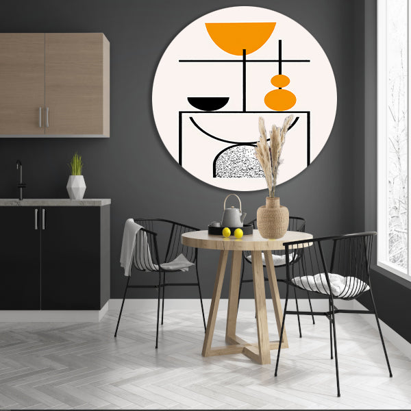 Abstracte Kunst: Zwart, Wit en Oranje Vormen forex muurcirkel