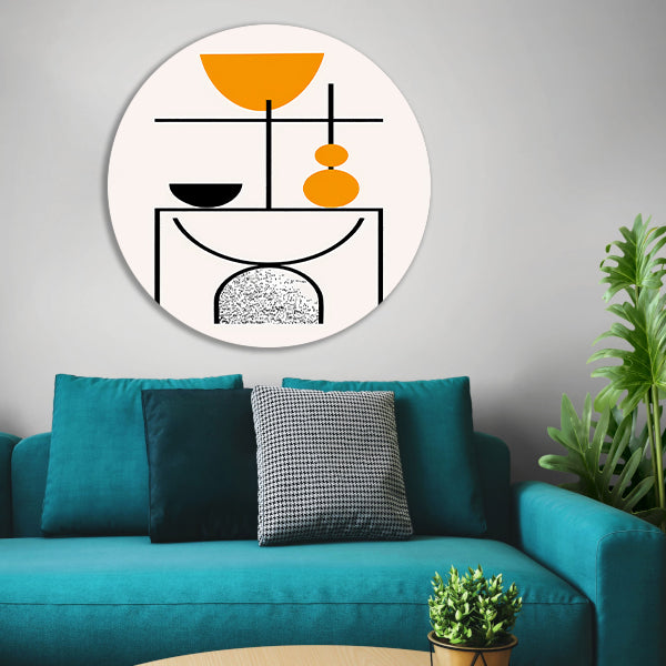 Abstracte Kunst: Zwart, Wit en Oranje Vormen aluminium muurcirkel