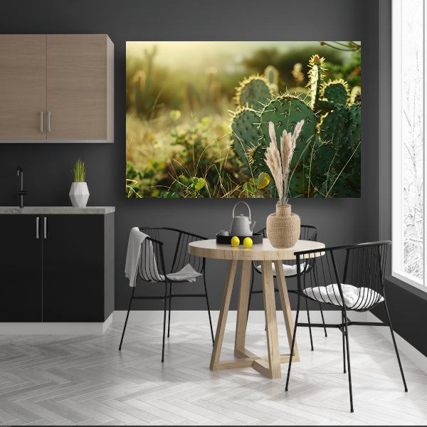 Close-up van cactusveld bij zonsopgang poster