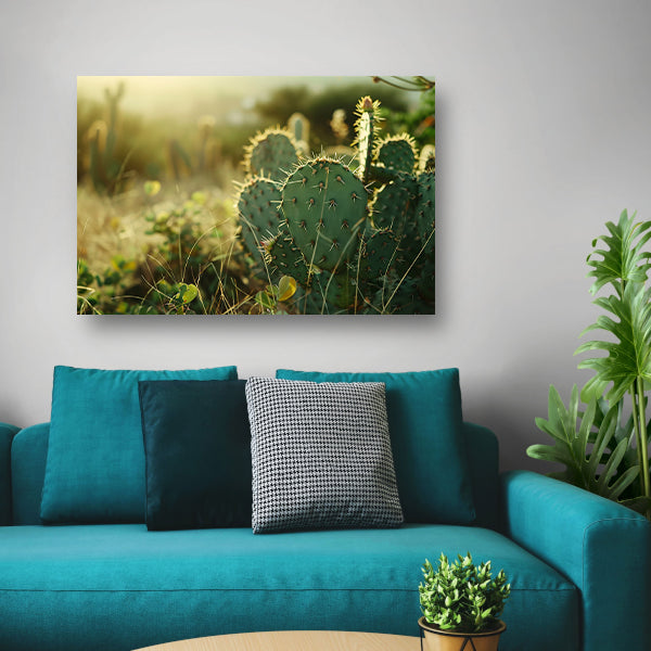 Close-up van cactusveld bij zonsopgang poster