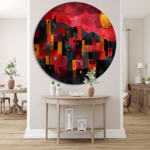 Kleurrijke skyline bij zonsondergang digitaal schilderij aluminium muurcirkel