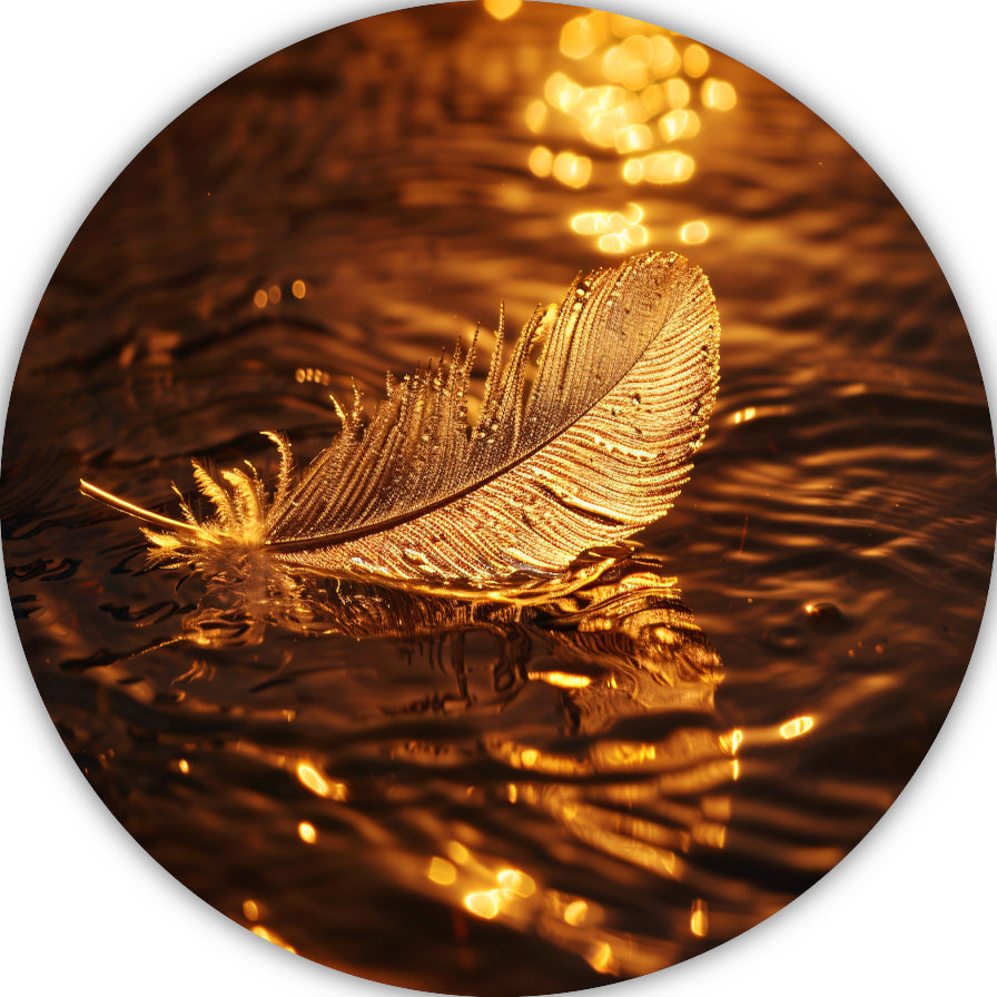 Gouden veer drijvend op water bij zonsondergang aluminium muurcirkel