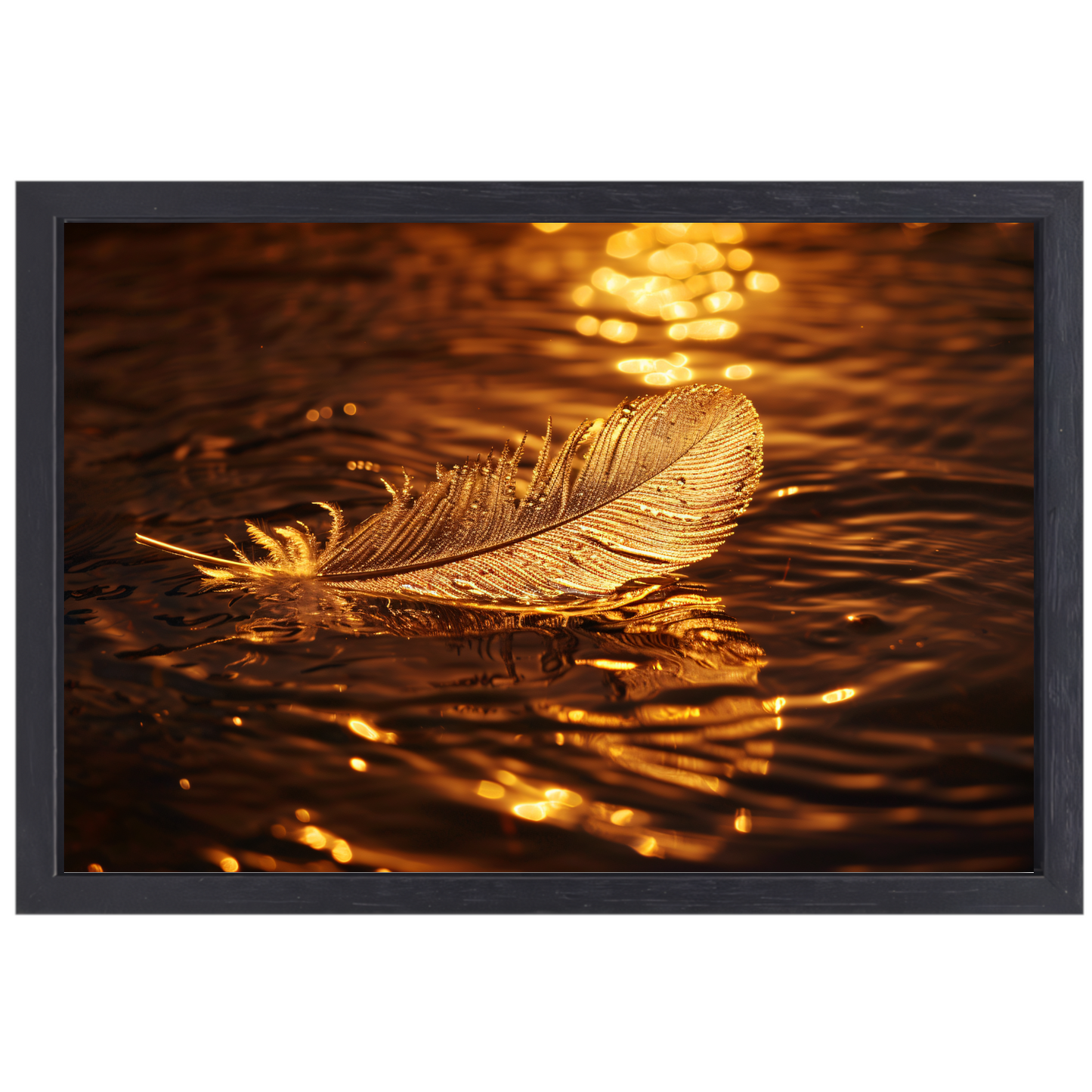 Gouden veer drijvend op water bij zonsondergang canvas met baklijst