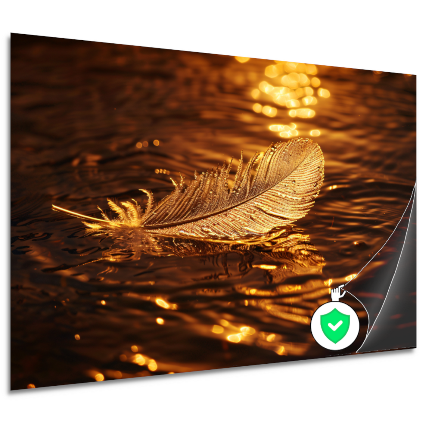 Gouden veer drijvend op water bij zonsondergang poster