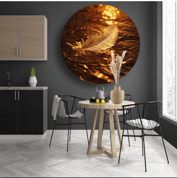 Gouden veer drijvend op water bij zonsondergang aluminium muurcirkel