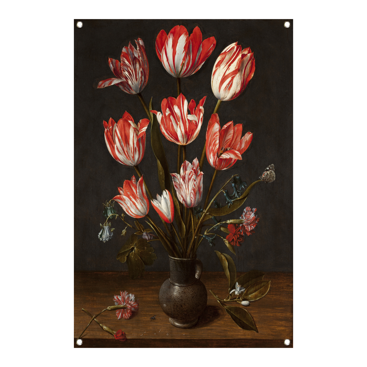 Tulpen en anjers in een aardewerken vaas - Jacob van Hulsdonck tuinposter