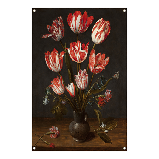 Tulpen en anjers in een aardewerken vaas - Jacob van Hulsdonck tuinposter