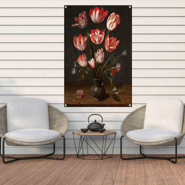 Tulpen en anjers in een aardewerken vaas - Jacob van Hulsdonck tuinposter