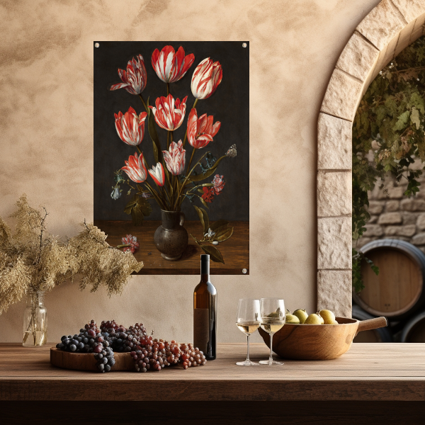 Tulpen en anjers in een aardewerken vaas - Jacob van Hulsdonck tuinposter