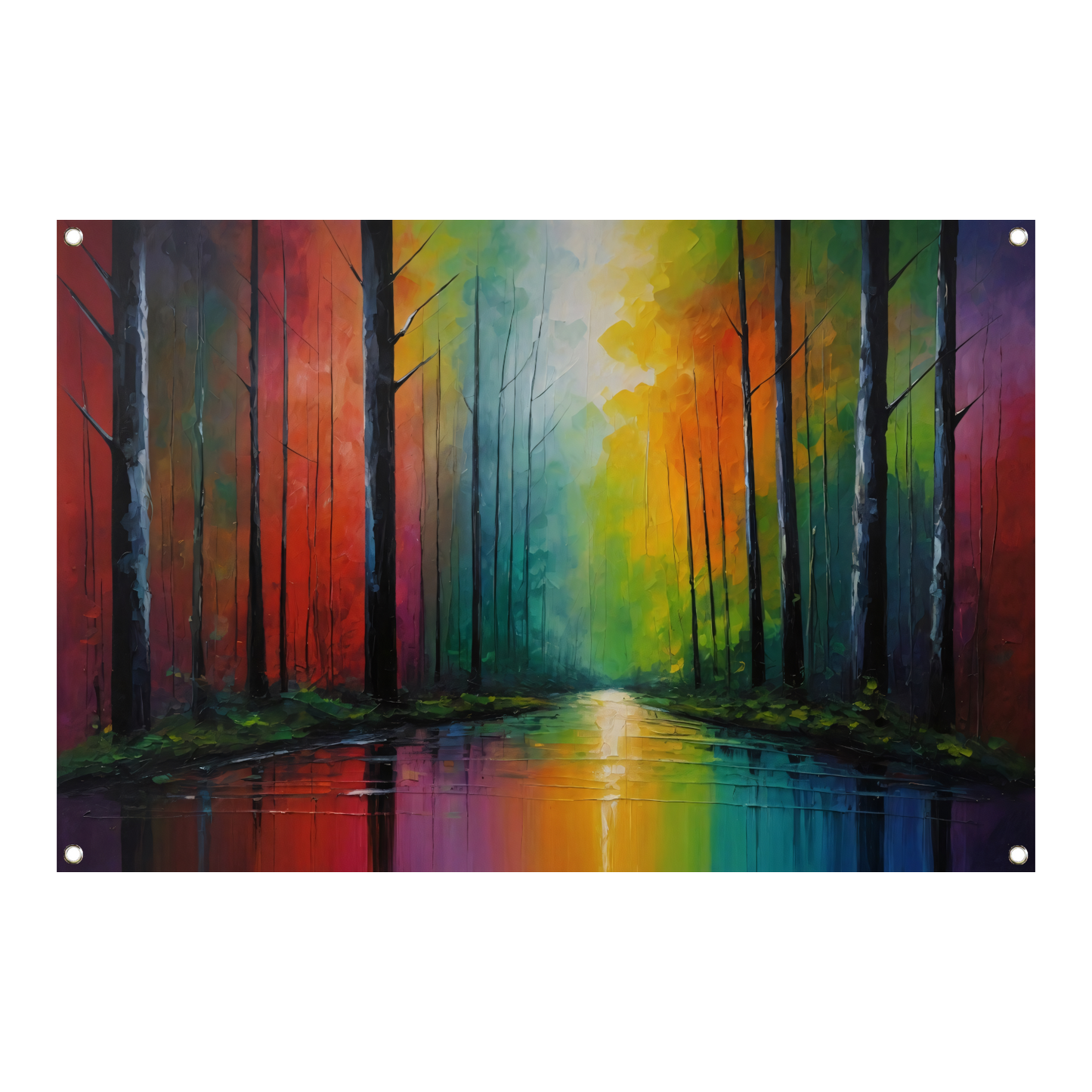 Impressionistische Reflectie van een Kleurrijk Bos tuinposter
