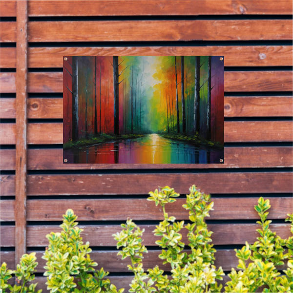 Impressionistische Reflectie van een Kleurrijk Bos tuinposter