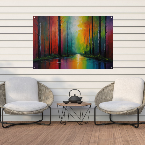 Impressionistische Reflectie van een Kleurrijk Bos tuinposter
