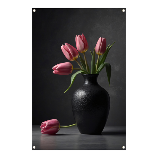 Stilleven met roze tulpen in donkere vaas tuinposter