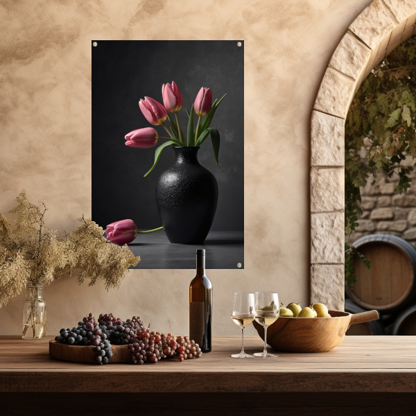 Stilleven met roze tulpen in donkere vaas tuinposter