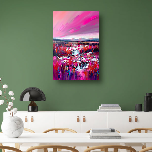 Kleurrijke abstracte waterval met levendig landschap poster
