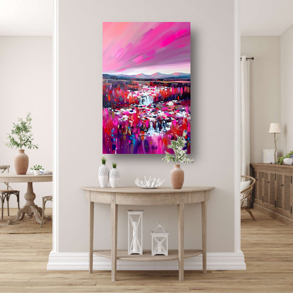 Kleurrijke abstracte waterval met levendig landschap poster