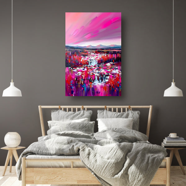 Kleurrijke abstracte waterval met levendig landschap poster