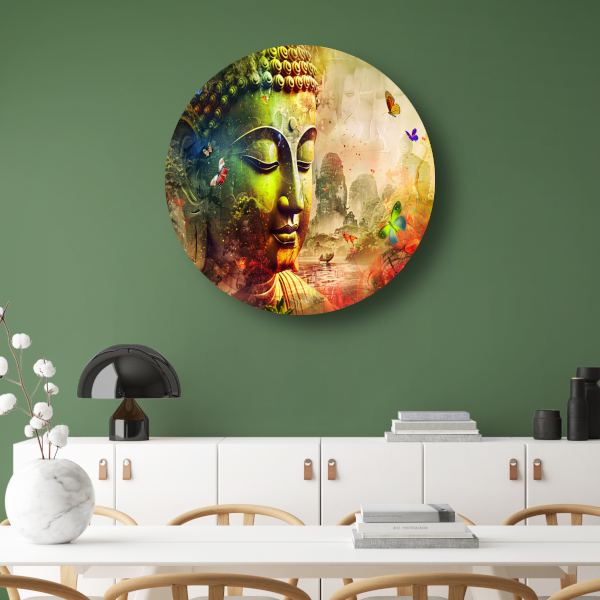 Harmonieuze Boeddha met natuur en vlinders aluminium muurcirkel