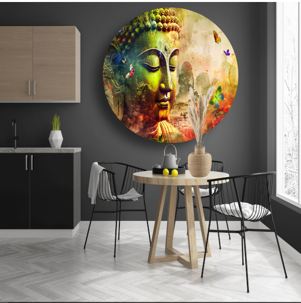 Harmonieuze Boeddha met natuur en vlinders aluminium muurcirkel