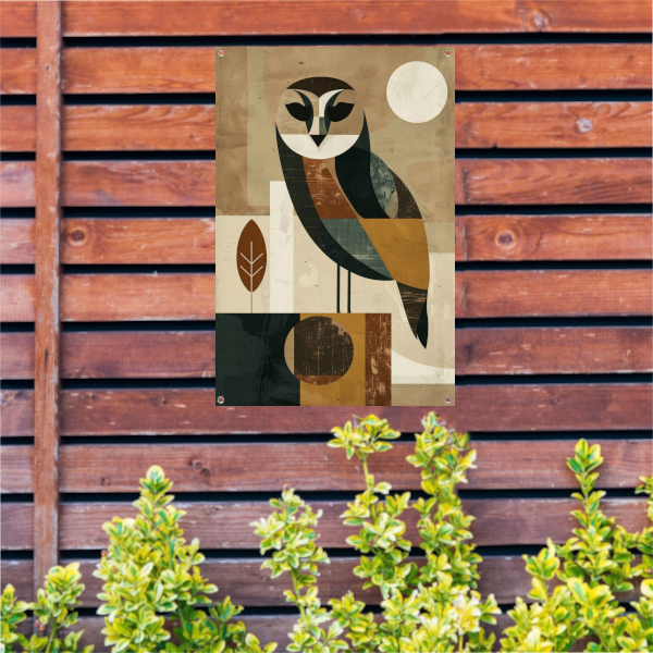 Stijlvolle Art Deco Uil met Maan op Achtergrond tuinposter