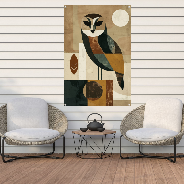 Stijlvolle Art Deco Uil met Maan op Achtergrond tuinposter