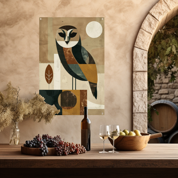 Stijlvolle Art Deco Uil met Maan op Achtergrond tuinposter