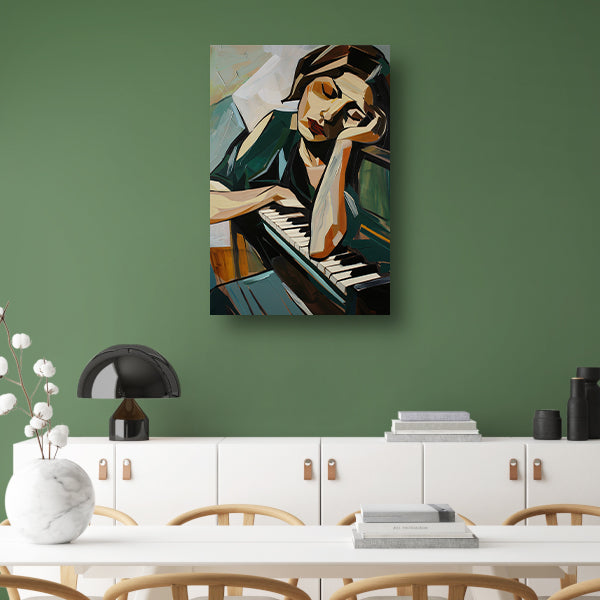 Vrouw verdiept in muziek bij piano poster