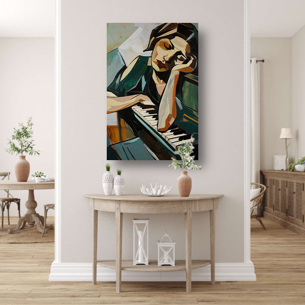 Vrouw verdiept in muziek bij piano poster