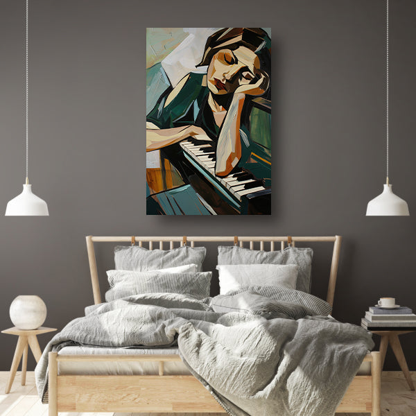Vrouw verdiept in muziek bij piano poster