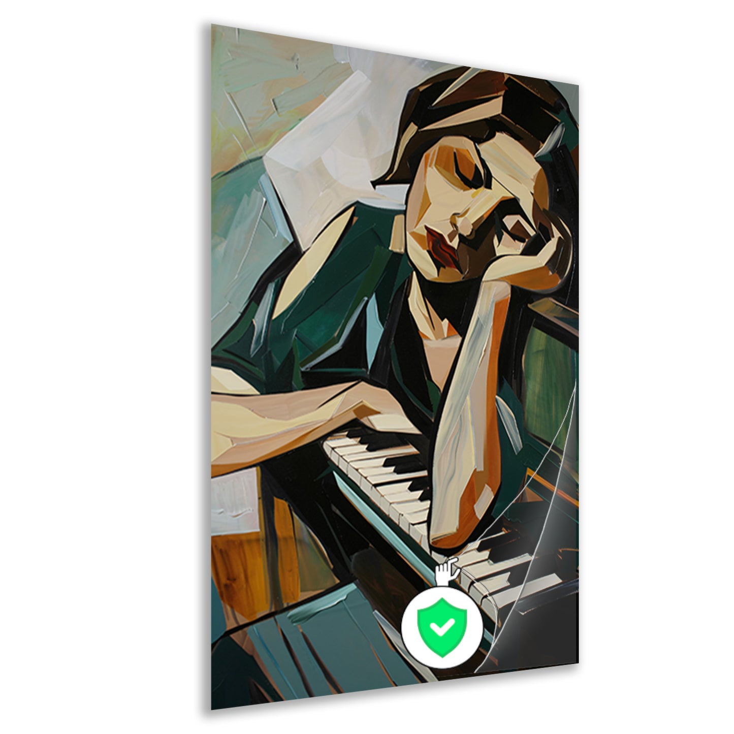 Vrouw verdiept in muziek bij piano poster
