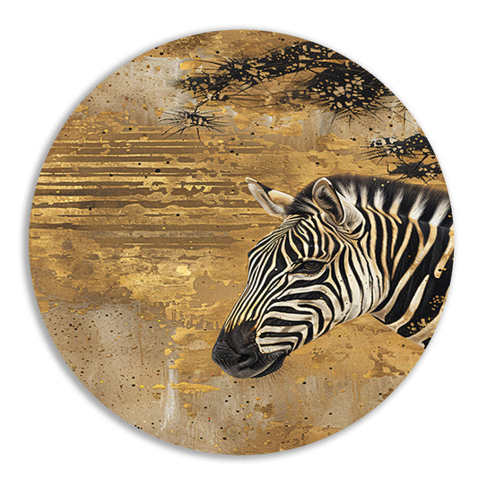 Abstract schilderij van zebra met gouden tinten aluminium muurcirkel