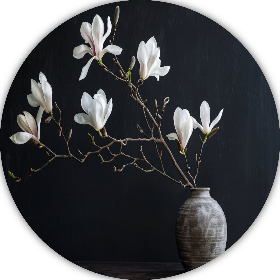 Magnolia Bloemen in Rustieke Grijze Vaas aluminium muurcirkel