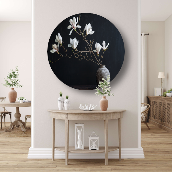 Magnolia Bloemen in Rustieke Grijze Vaas aluminium muurcirkel