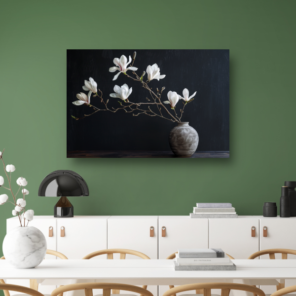 Magnolia Bloemen in Rustieke Grijze Vaas poster