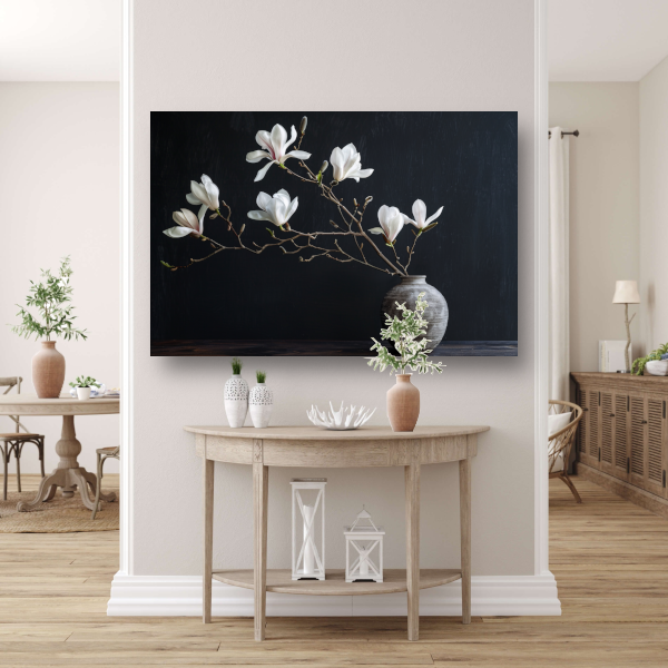 Magnolia Bloemen in Rustieke Grijze Vaas poster