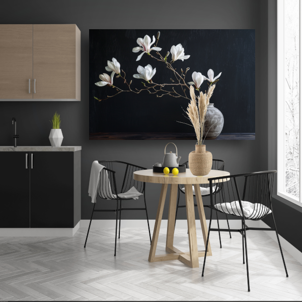 Magnolia Bloemen in Rustieke Grijze Vaas poster