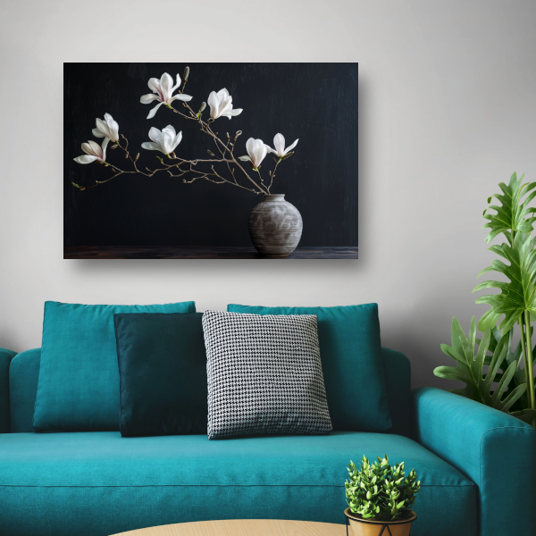Magnolia Bloemen in Rustieke Grijze Vaas poster