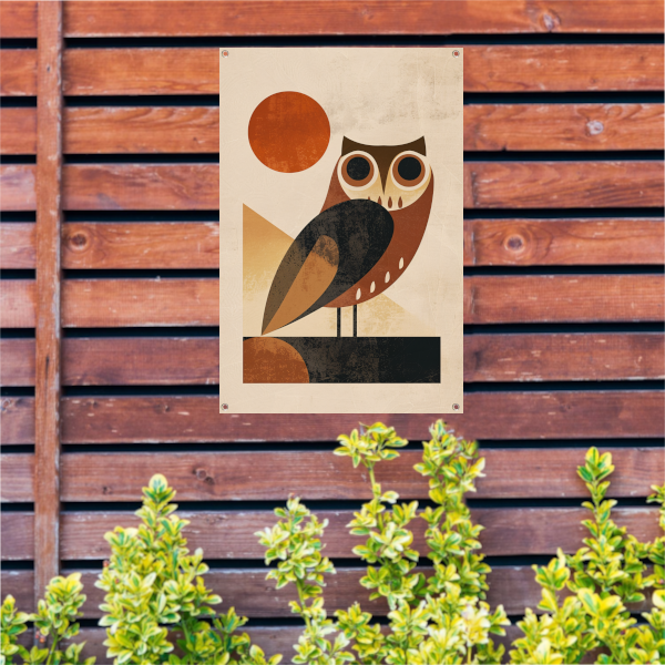 Gestileerde uil in art deco stijl met zon tuinposter