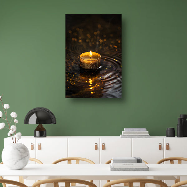 Gouden kaars reflectie op donker water canvas