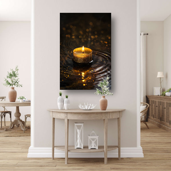 Gouden kaars reflectie op donker water canvas met baklijst