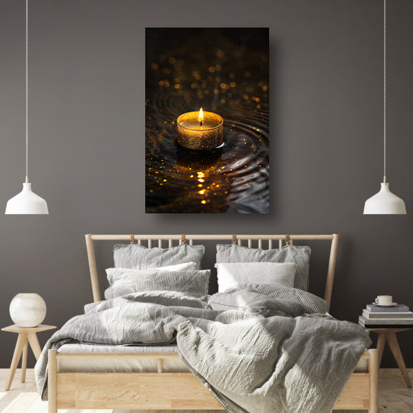 Gouden kaars reflectie op donker water canvas met baklijst