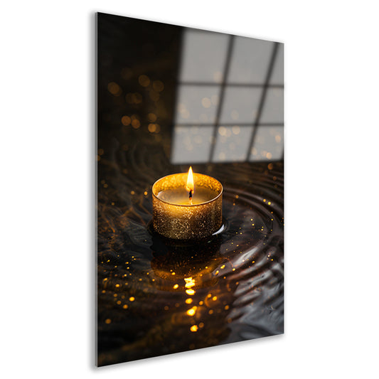 Gouden kaars reflectie op donker water acrylglas