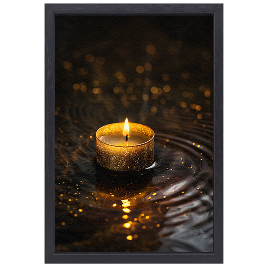Gouden kaars reflectie op donker water canvas met baklijst