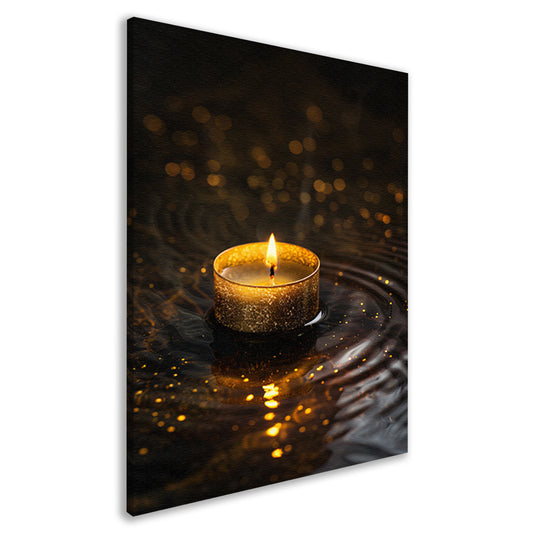 Gouden kaars reflectie op donker water canvas