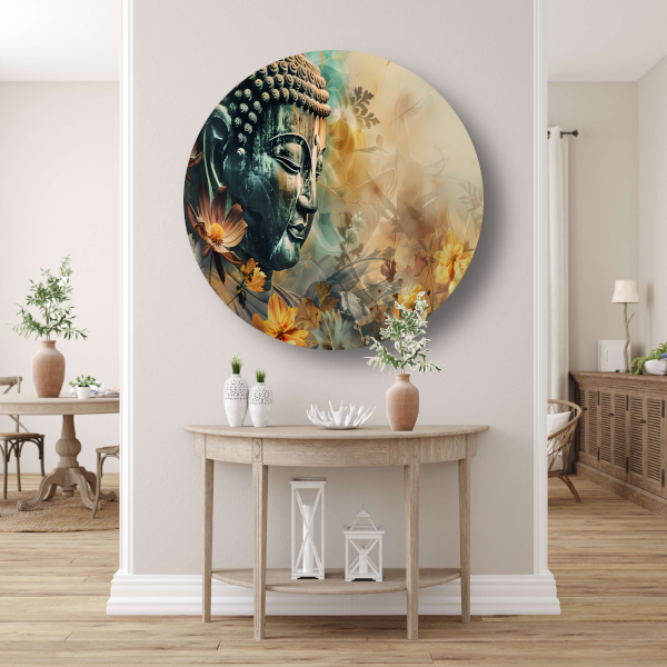 Serene Boeddha met Kleurrijke Bloemenzee aluminium muurcirkel