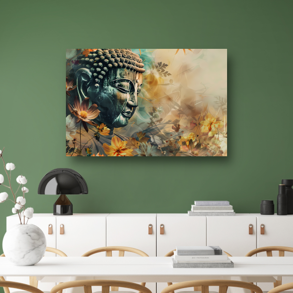 Serene Boeddha met Kleurrijke Bloemenzee canvas met baklijst