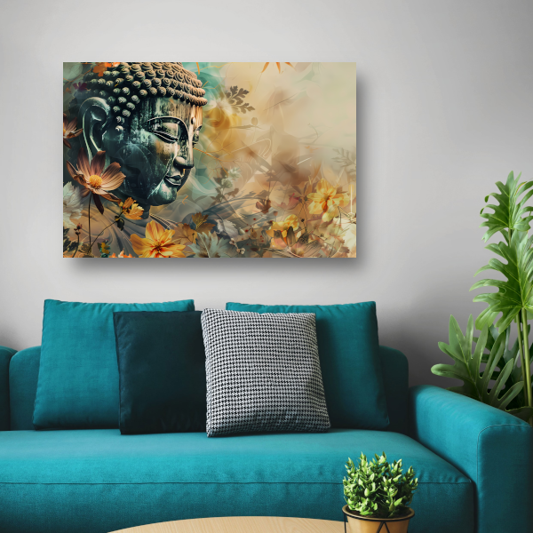 Serene Boeddha met Kleurrijke Bloemenzee canvas met baklijst
