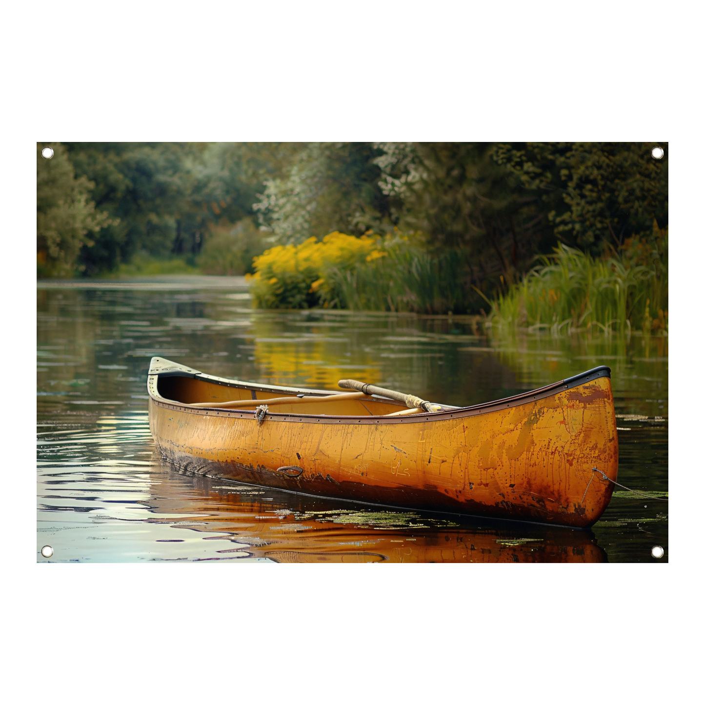 Impressionistische kano op stille rivier tuinposter