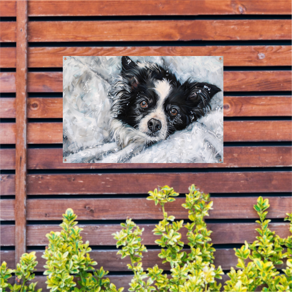 Realistisch schilderij van hond in de sneeuw tuinposter